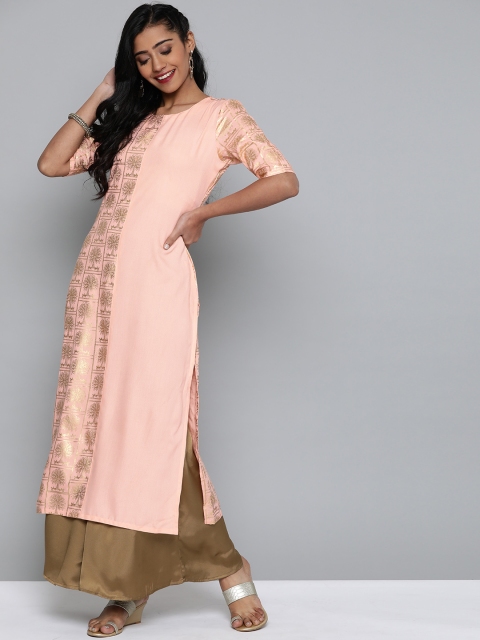 

HERE&NOW Women Peach-Coloured & Golden Printed Straight Kurta