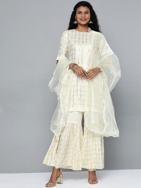 

HERE&NOW Women Off-White & Golden Printed Kurta with Sharara & Dupatta