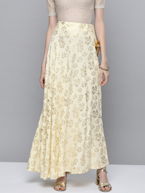 

HERE&NOW Women Cream-Coloured & Golden Floral Print Flared Maxi Skirt