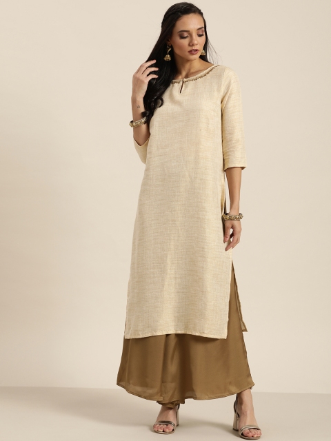 

Moda Rapido Women Beige Woven Design Straight Kurta