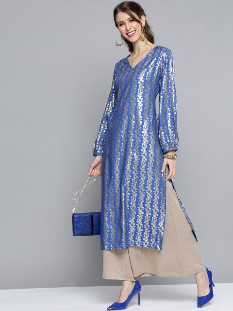 

HERE&NOW Women Blue & Golden Floral Print Straight Kurta