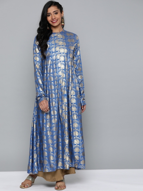 

HERE&NOW Women Blue & Golden Pleated Printed Anarkali Kurta