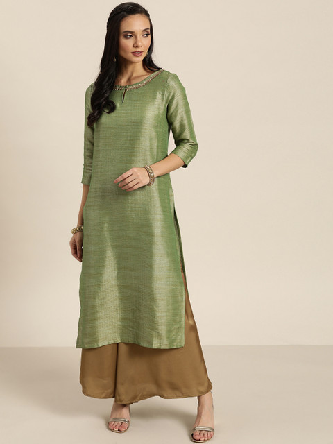 

Moda Rapido Women Olive Green Woven Design Straight Kurta