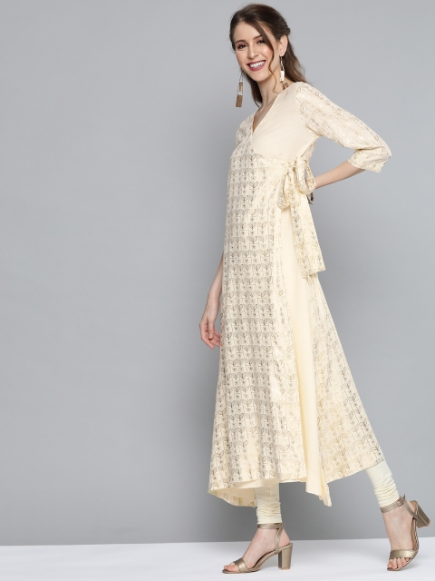 

HERE&NOW Women Cream-Coloured & Golden Printed Wrap Anarkali Kurta