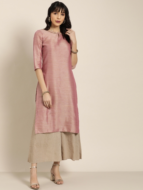 

Moda Rapido Women Pink & Gold-Toned Solid Straight Kurta With Embellished Detail