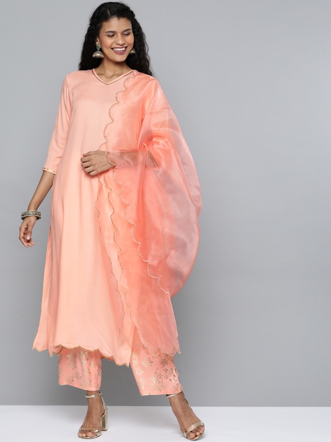 

HERE&NOW Women Peach-Coloured Solid Kurta with Palazzos & Dupatta