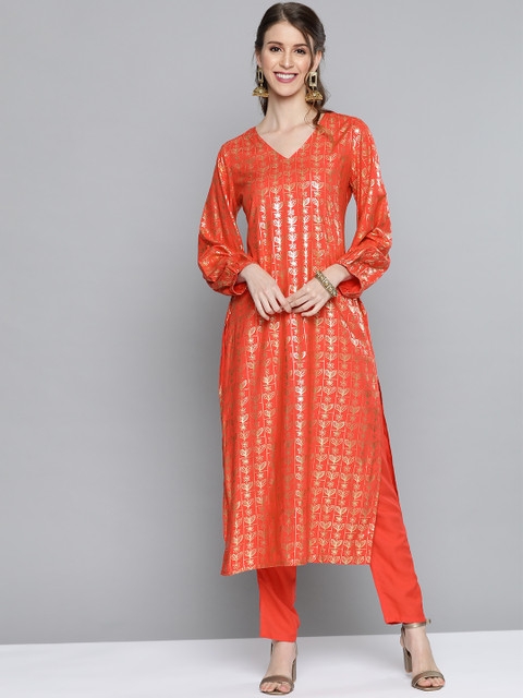 

HERE&NOW Women Orange & Golden Printed Kurta with Trousers