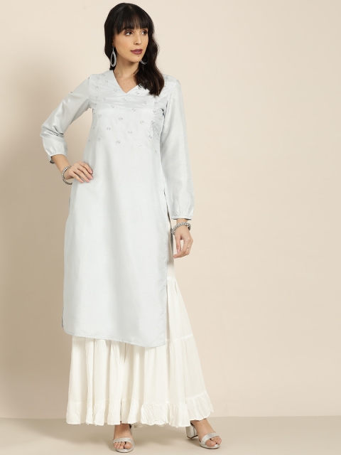 

Moda Rapido Women Blue & Silver Embroidered Straight Kurta