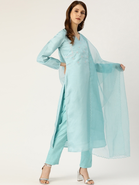 Women Blue Embroidered Sheen Kurta with Trousers & Dupatta