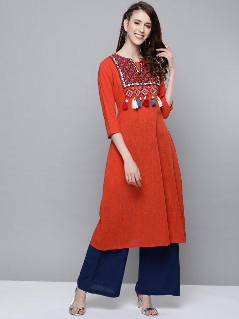 

HERE&NOW Women Rust Orange Yoke Design A-Line Kurta