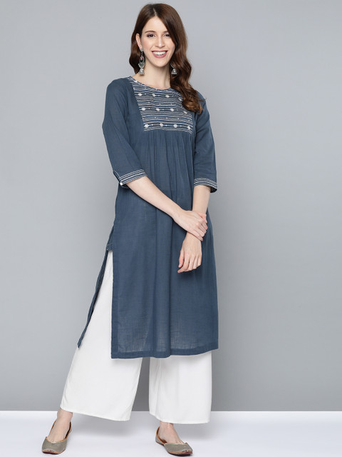 

HERE&NOW Women Navy Blue Yoke Design Straight Kurta