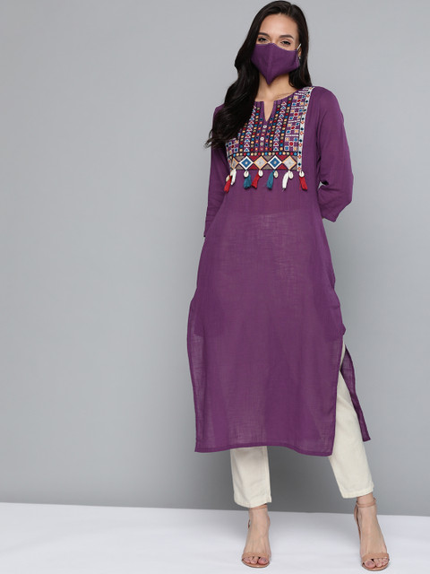 

HERE&NOW Women Purple Yoke Design Straight Kurta