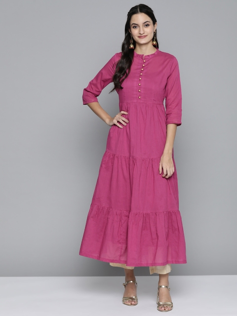 

HERE&NOW Women Pink Solid Tiered Layered A-Line Kurta