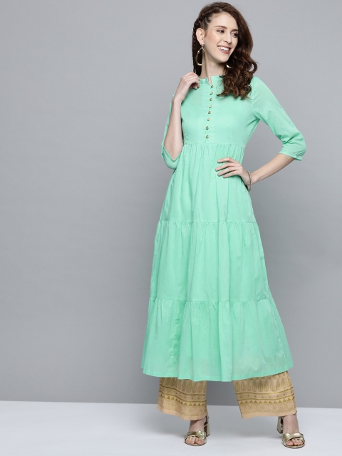 

HERE&NOW Women Sea Green Solid A-Line Tiered Kurta