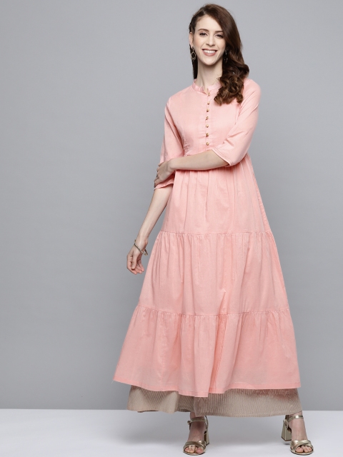 

HERE&NOW Women Peach-Coloured Solid A-Line Tiered Kurta