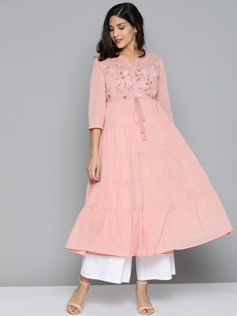 

HERE&NOW Women Pink Yoke Design Tiered A-Line Kurta