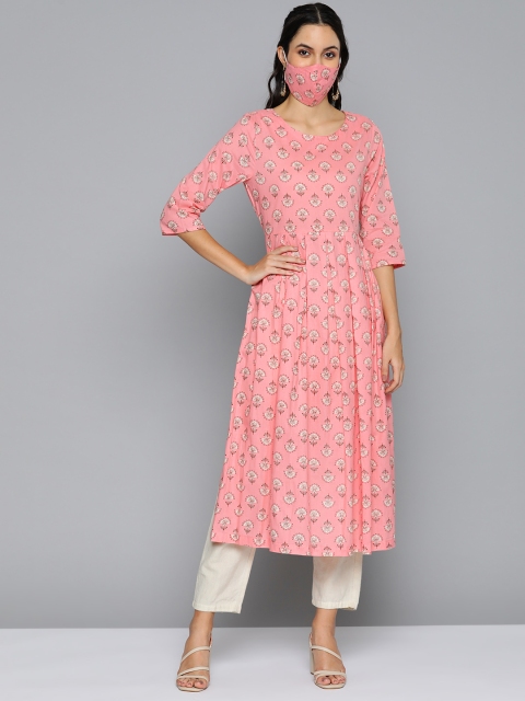 

HERENOW Women Peach-Coloured White Ethnic Print A-Line Kurta