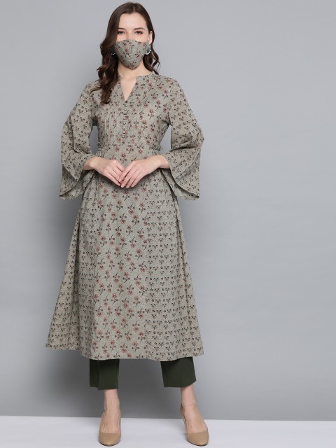 

HERE&NOW Women Green Pink Floral Printed A-Line Kurta