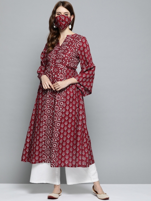 

HERE&NOW Women Maroon & White Floral Printed A-Line Kurta