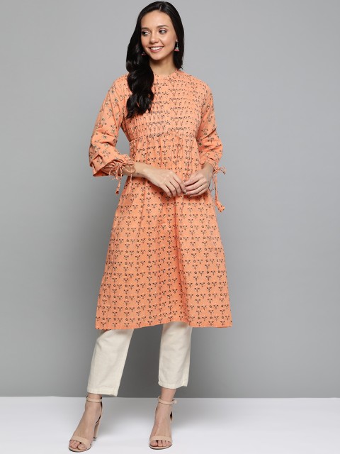 

HERE&NOW Women Peach-Orange & Black Printed A-Line Kurta