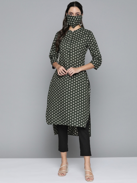 

HERENOW Women Olive Green Off-White Floral Print STraight Kurta