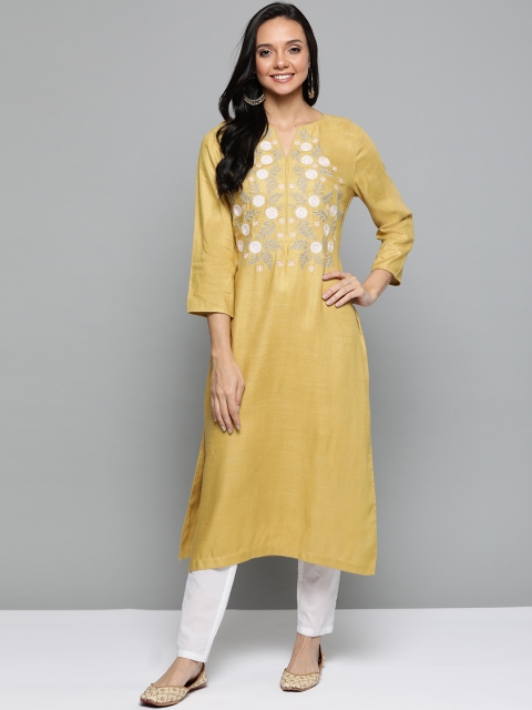 

HERE&NOW Women Mustard Yellow & White Yoke Design Straight Kurta