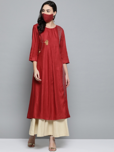 

HERENOW Women Maroon Embroidered Detail A-Line Kurta