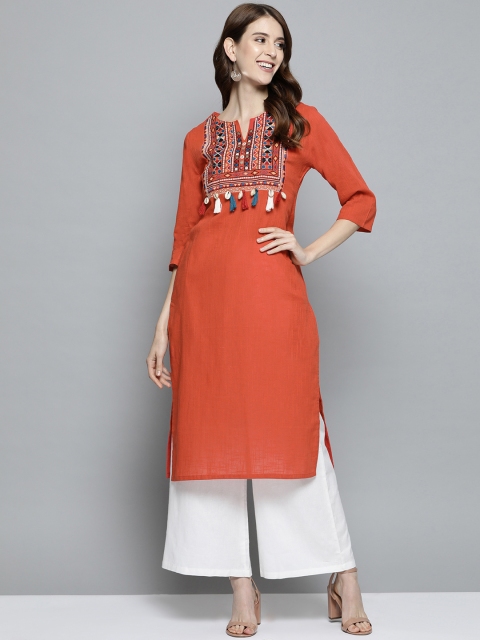 

HERE&NOW Women Orange Yoke Design Straight Kurta