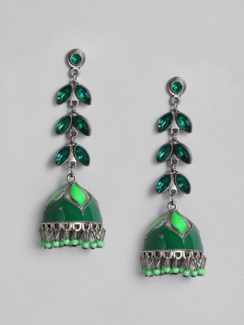 

Anouk Silver-Plated & Green Enamelled Stones & Beads Studded Dome Shaped Jhumkas