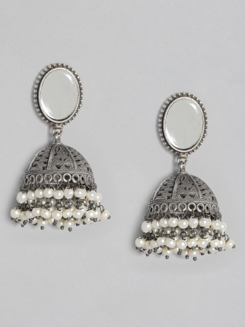 

Anouk Silver-Plated Oxidised Mirror Work Dome Shaped Jhumkas
