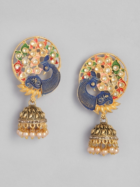 

Anouk Gold-Plated Peacock Shaped Meenakari Jhumkas Earrings