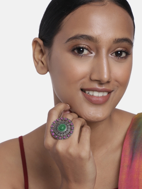 

Anouk Oxidized Silver-Plated & Green Round Shaped Adjustable Finger Ring
