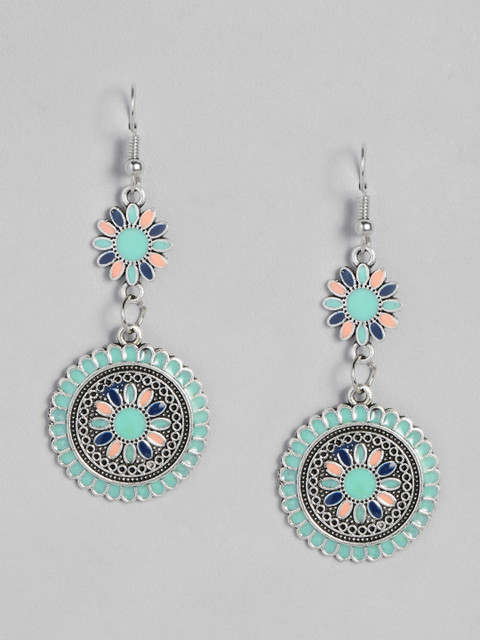 

Anouk Blue & Peach-Coloured Enamelled Oxidized Silver-Plated Circular Drop Earrings