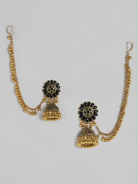 

Anouk Black Gold-Plated Antique Dome Shaped Jhumkas with Earchain