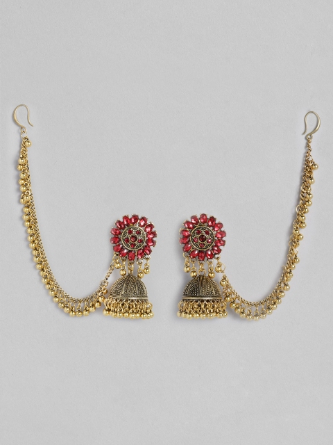 

Anouk Red Antique Gold-Plated Dome Shaped Jhumkas With Ear Chains