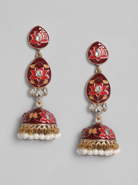 

Anouk Gold-Plated & Maroon Enamelled Stones & Beads Studded Dome Shaped Jhumkas