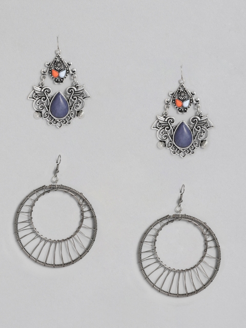 

Anouk Silver-Toned Set Of 2 Oxidized Drop Earrings