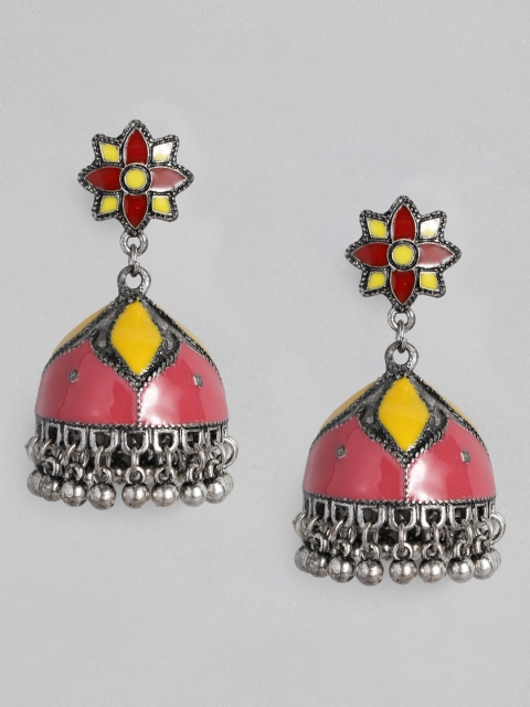 

Anouk Pink & Yellow Enamelled Oxidized Silver-Plated Dome Shaped Jhumkas