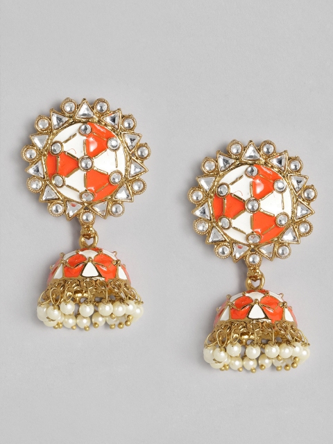 

Anouk Orange & White Enamelled Gold-Plated Studded Dome Shaped Jhumkas