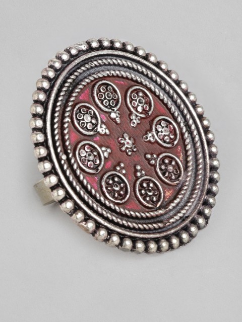 

Anouk Red Oxidized Silver-Plated Meenakari Adjustable Finger Ring