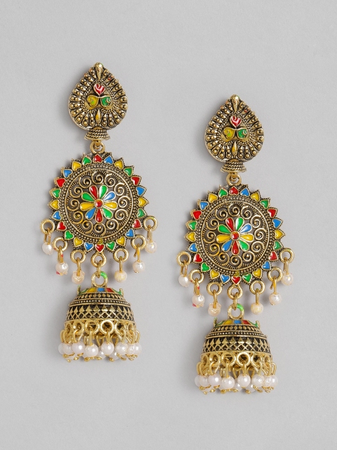 

Anouk Multicoloured Meenakari Antique Gold-Plated Dome Shaped Jhumkas, Multi