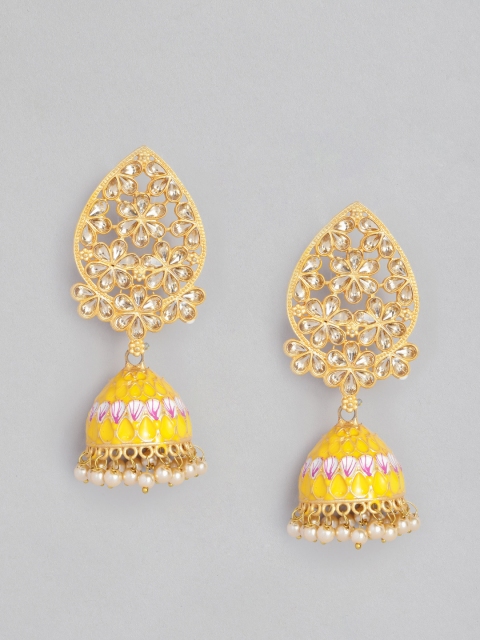 

Anouk Yellow Gold-Plated Meenakari Studded Dome Shaped Jhumkas