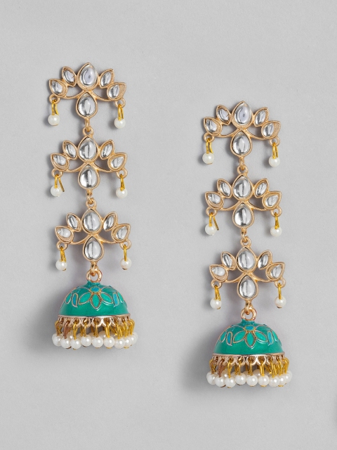 

Anouk Gold-Plated & Teal Blue Enamelled Stones & Beads Studded Dome Shaped Jhumkas