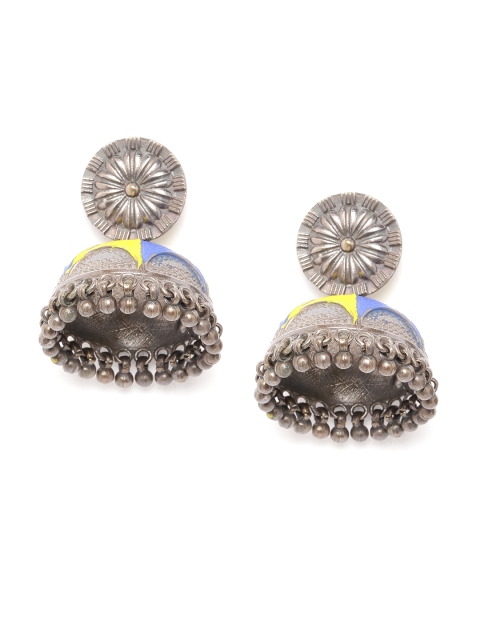 

Anouk Blue & Yellow Oxidised Silver-Plated Enamelled Dome Shaped Jhumkas