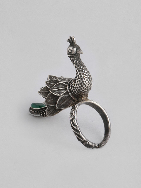 

Anouk Oxidized Silver-Plated Green Studded Peacock Adjustable Finger Ring