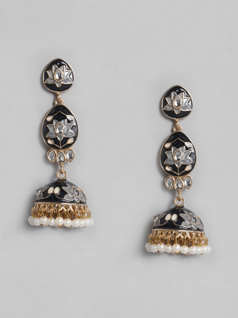 

Anouk Gold-Plated & Black Enamelled Stones & Beads Studded Dome Shaped Jhumkas