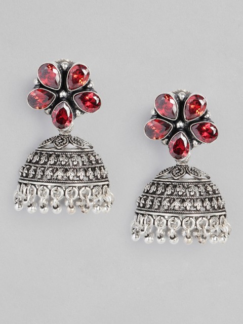 

Anouk Red Oxidized Silver-Plated Studded Dome Shaped Jhumkas