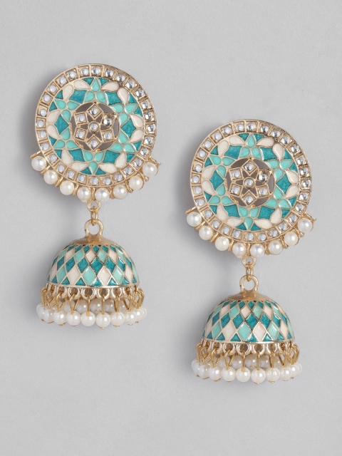 

Anouk Gold-Plated & Teal Embellished Dome Shaped Jhumkas