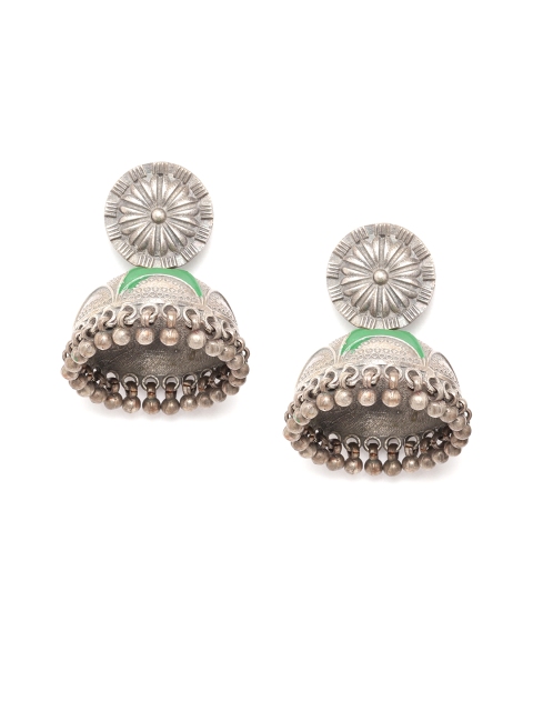 

Anouk Green Oxidised Silver-Plated Enamelled Dome Shaped Jhumkas