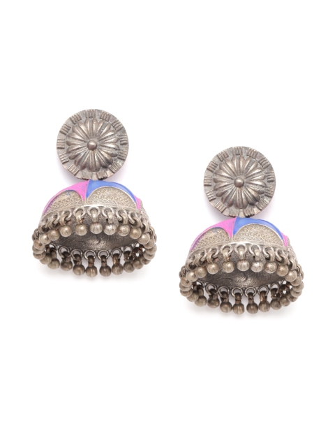 

Anouk Blue & Pink Oxidised Silver-Plated Enamelled Dome Shaped Jhumkas